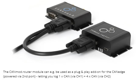 The CANmod.router module can e.g. be used as a plug & play add-on for the CANedge (powered via 2nd port) - letting you log 1 x CAN (via CH1) + 4 x CAN (via CH2)