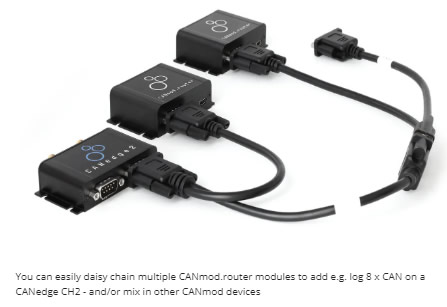 You can easily daisy chain multiple CANmod.router modules to add e.g. log 8 x CAN on a CANedge CH2 - and/or mix in other CANmod devices