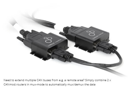 Need to extend multiple CAN buses from e.g. a remote area? Simply combine 2 x CANmod.routers in mux-mode to automatically mux/demux the data