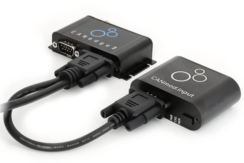 The CANmod.input module can e.g. be used as a plug & play add-on for the CANedge (powered via 2nd port) - letting you combine CAN/LIN data with timesynced analog/digital/pulse data