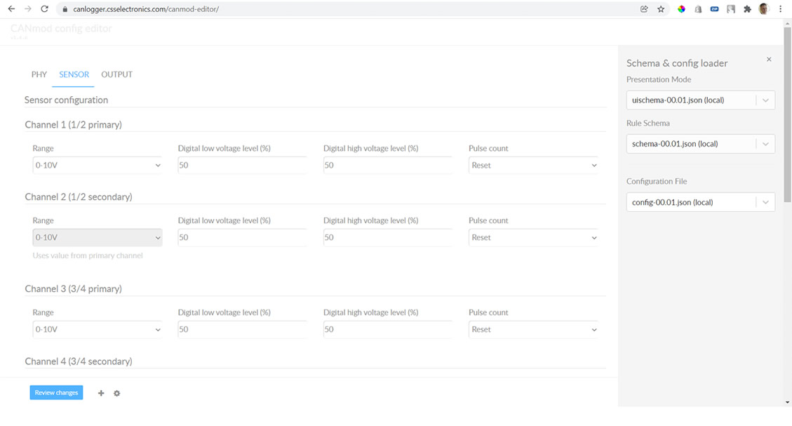 The CANmod.input can be configured via the USB connector using our online/offline config editor tool (or a simple JSON text editor)